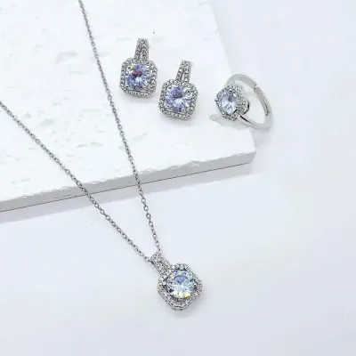 4Pcs Silver Crystal Earring, Ring Necklace Set 